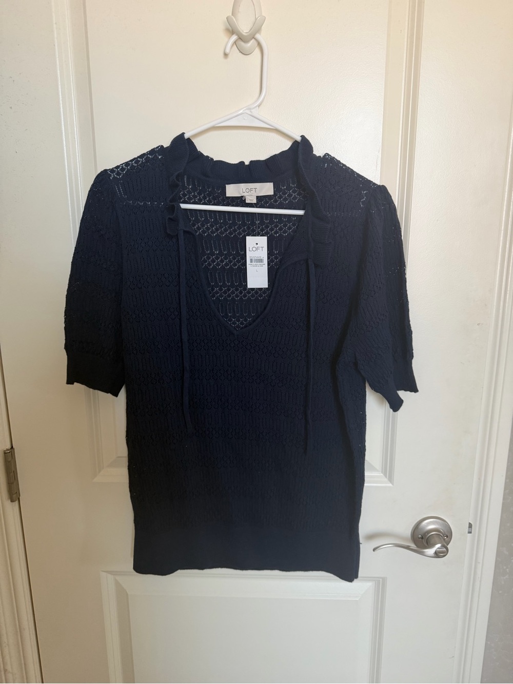 LOFT Navy Open-Knit Tie-Neck Short Sleeve Top